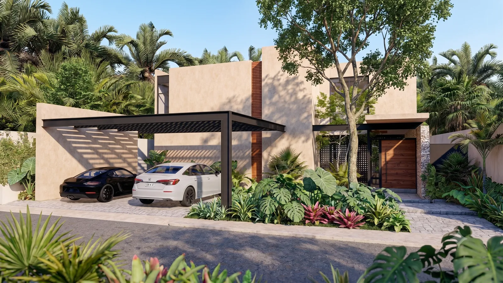 Casa moderna de dos pisos con fachada de tonos beige y terracota, garaje cubierto con dos autos estacionados, rodeada de palmeras y vegetación tropical.