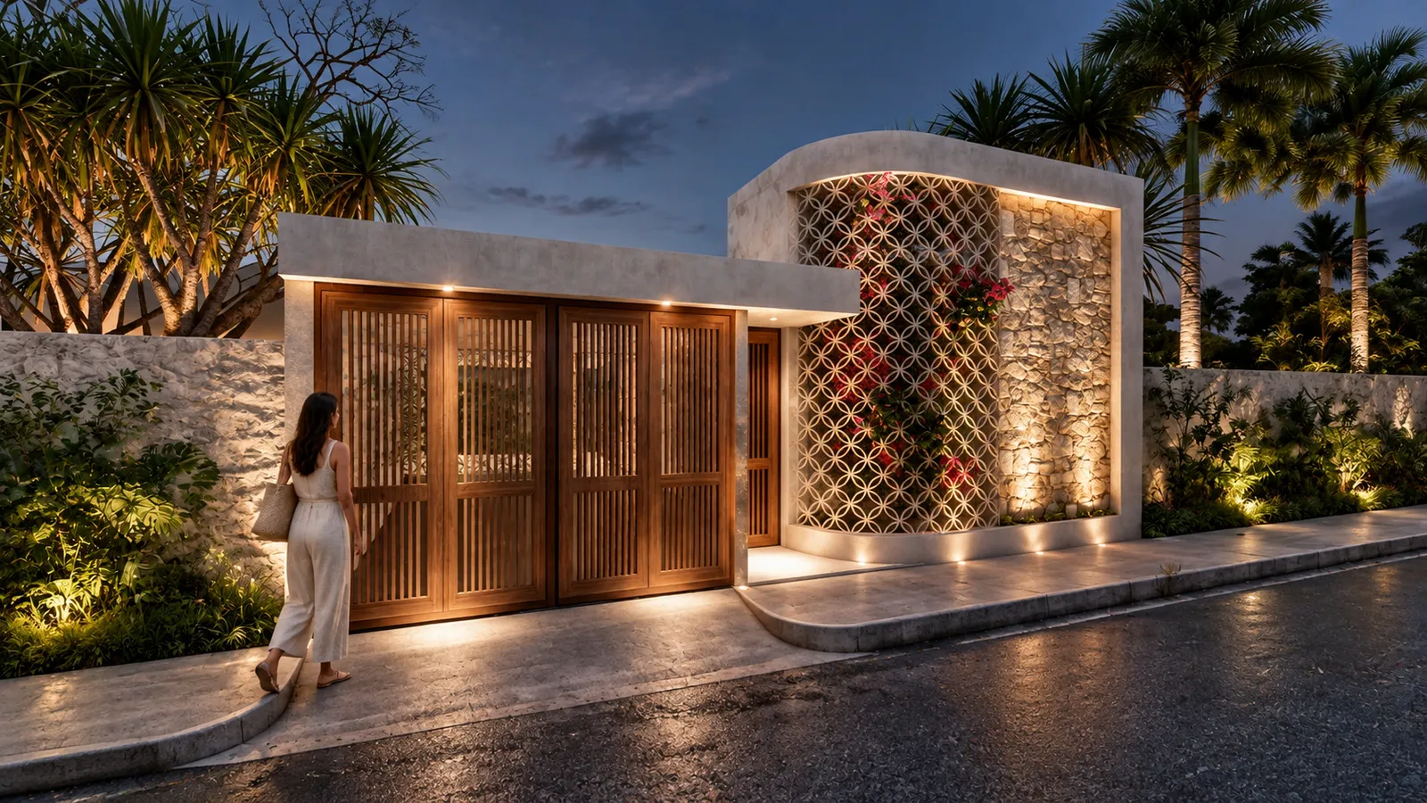 Fachada de acceso moderna al anochecer, con puertas de madera con celosía, muro curvo de piedra con celosía circular y buganvilias iluminadas.