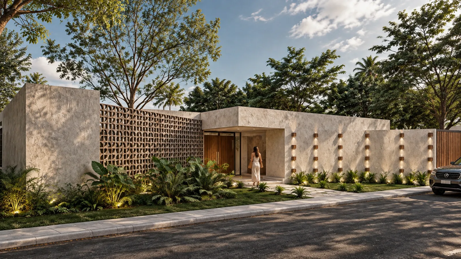 Fachada moderna de casa con muro perforado en patrón geométrico, iluminación empotrada, mujer caminando hacia la entrada y vehículo estacionado.