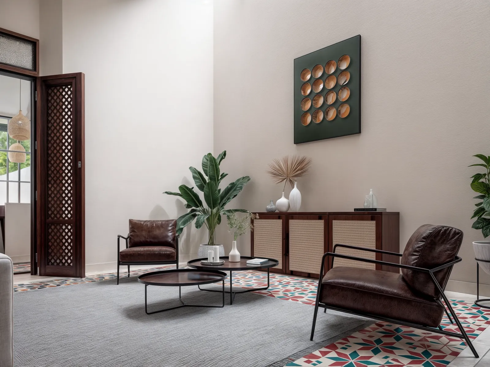 Sala de estar moderna con dos sillones de cuero marrón, mesa de centro redonda y muebles de almacenamiento, decorada con plantas y un cuadro de cobre en la pared.