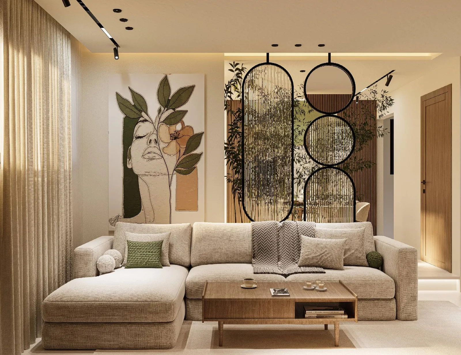 Sala de estar moderna con sofá beige, mesita de centro de madera y arte mural abstracto con plantas y formas geométricas.