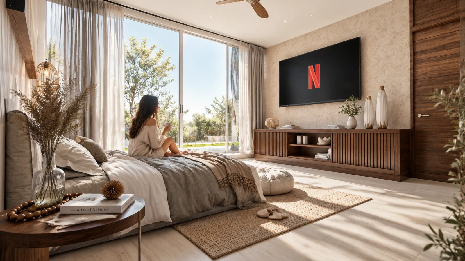 Dormitorio moderno con puertas corredizas de vidrio hacia el jardín, televisor de pantalla plana, ventilador de techo y mueble de madera oscura.