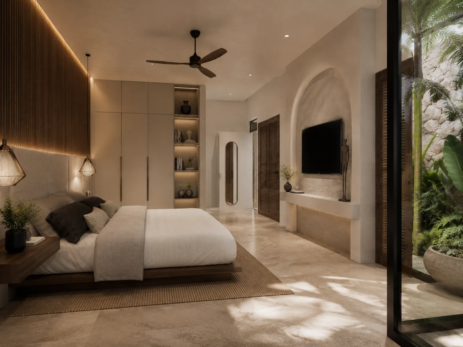 Dormitorio moderno con cama blanca, TV empotrada en arco de piedra, armarios iluminados y acceso a jardín exterior con plantas.