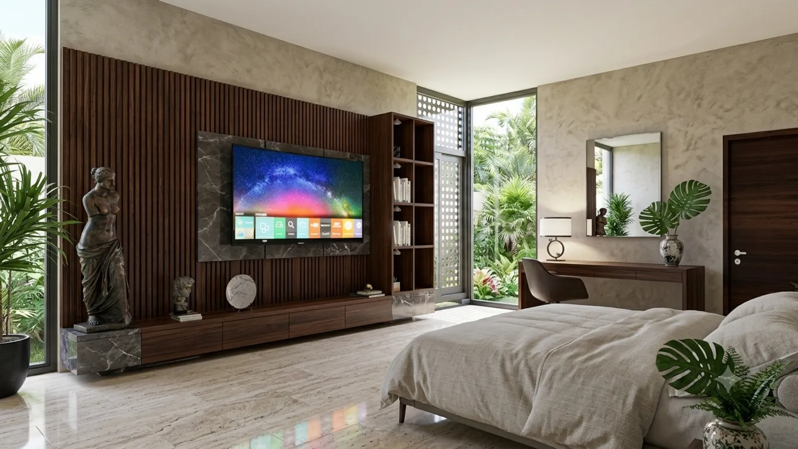 Dormitorio moderno con televisor montado en pared de madera, cama king size, vanidad, plantas tropicales y vista al jardín exterior.