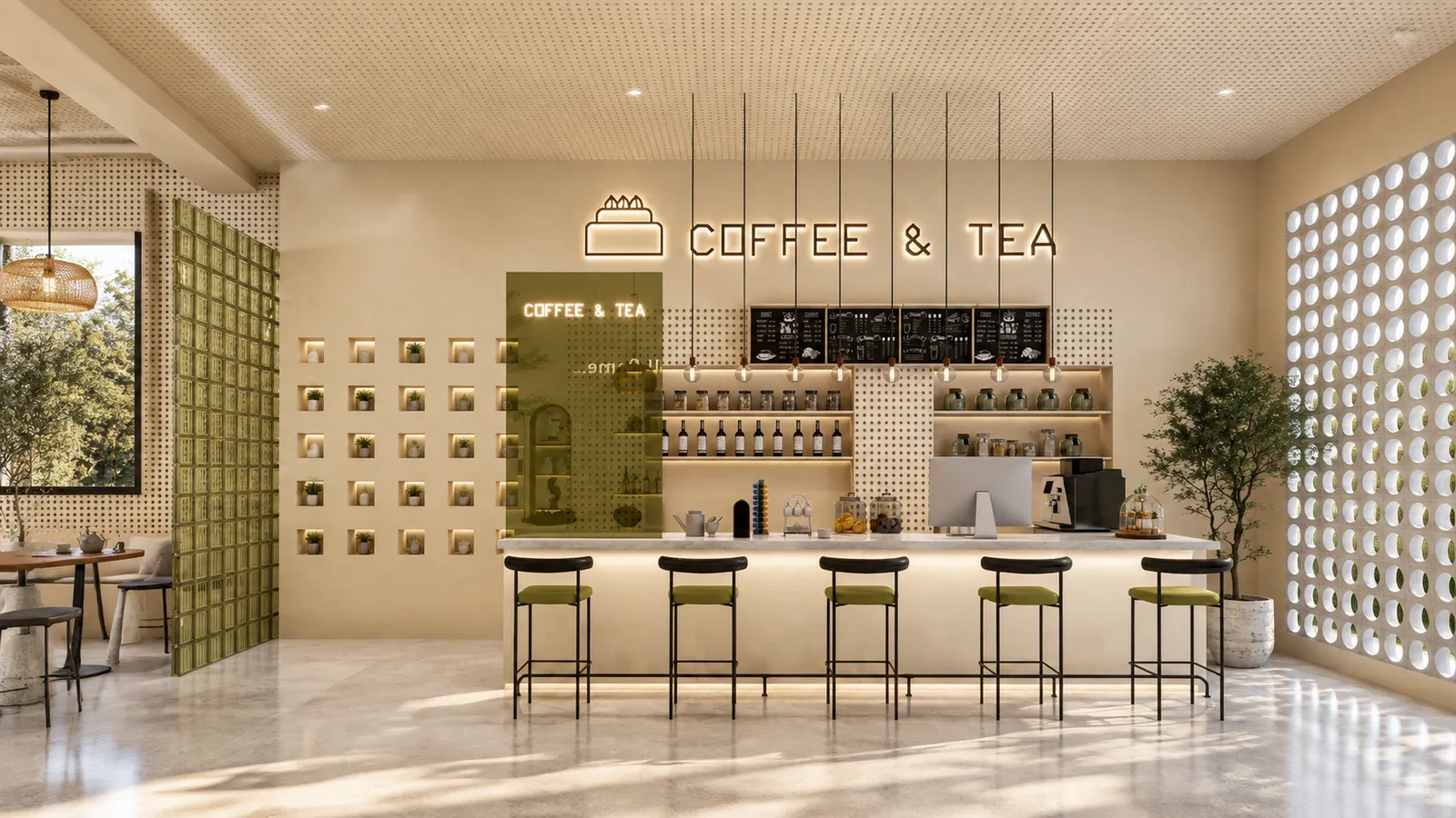 Barra de café moderna con letrero luminoso 'Coffee & Tea', mampara de bloques de vidrio verde oliva, estanterías con frascos y taburetes verdes.