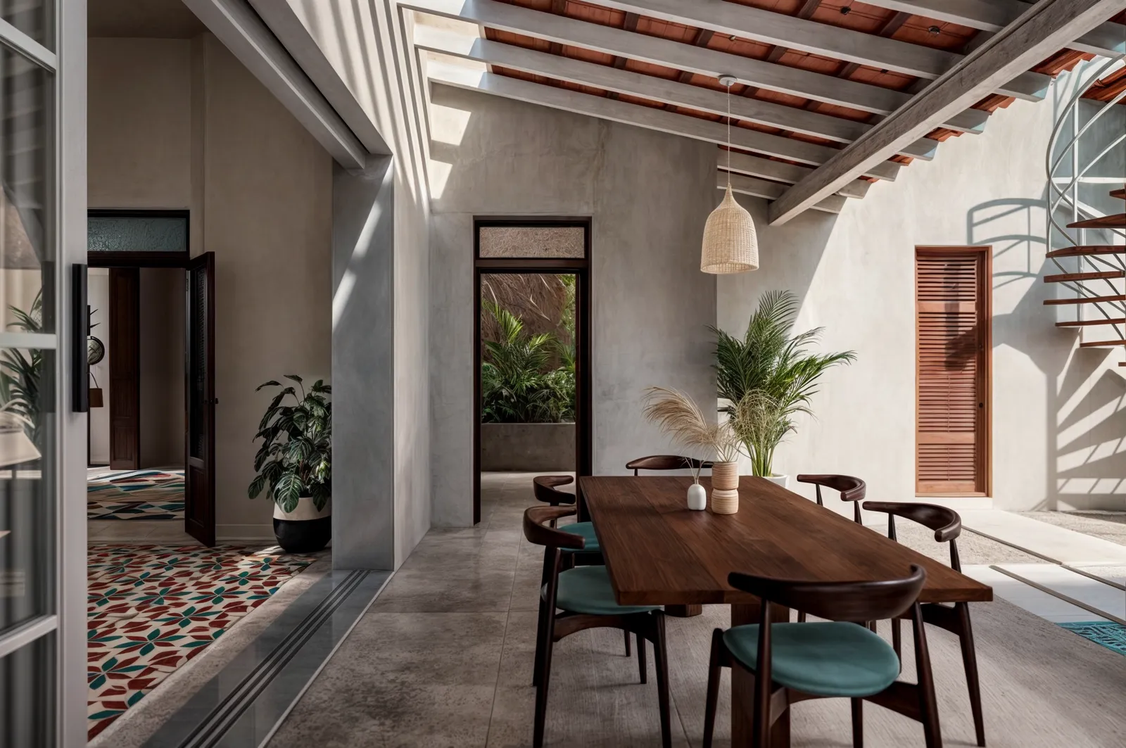 Comedor moderno con mesa de madera oscura, sillas de respaldo curvo tapizadas en verde azulado, plantas en macetas, techo de vigas de madera y luz natural que entra por las ventanas.