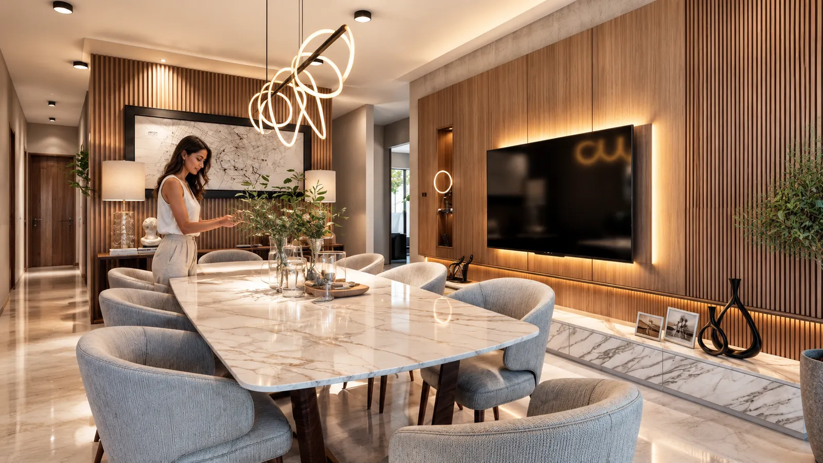 Comedor moderno con lámpara colgante escultórica de anillos luminosos, muro de listones de madera y televisor empotrado.