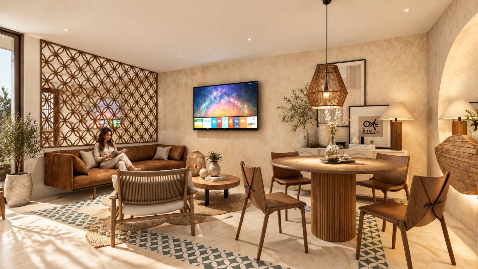 Sala y comedor modernos con biombo decorativo de círculos de madera, sofá de cuero marrón, mesa redonda de madera y piso de talavera geométrica.