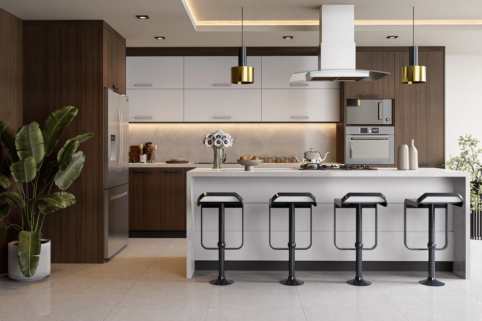 Cocina moderna de lujo con isla central blanca, gabinetes de madera oscura, electrodomésticos de acero inoxidable y cuatro taburetes negros.