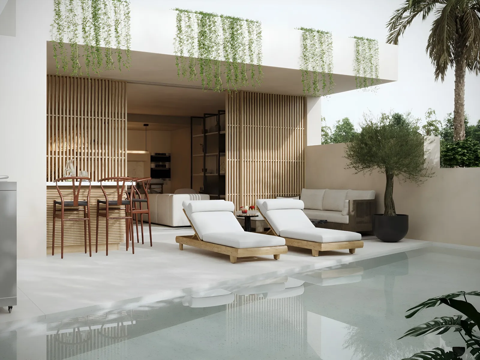 Terraza moderna junto a una piscina con tumbonas, sofás, mesa de comedor y un pabellón de madera con plantas colgantes.