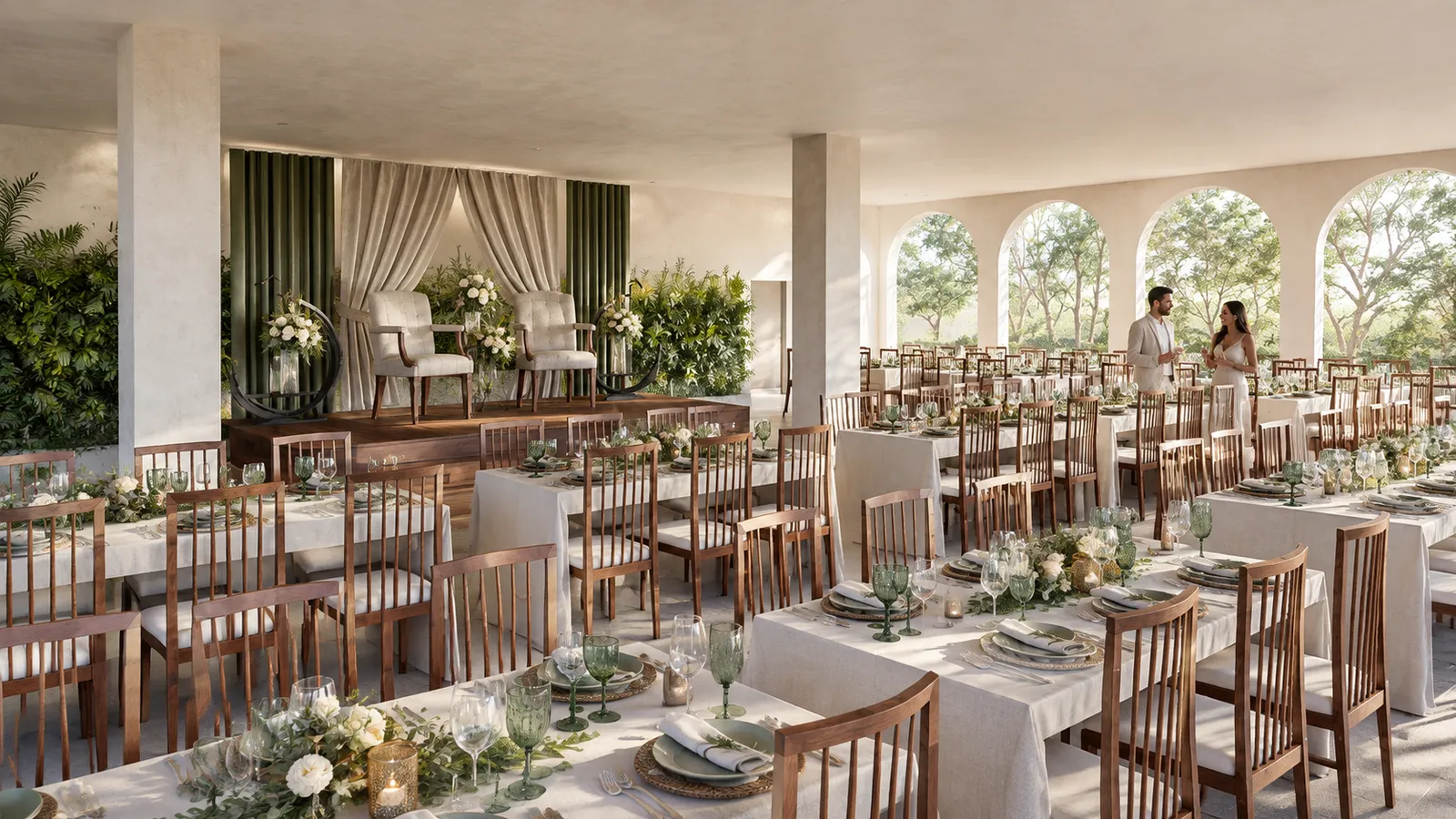 Salón de banquetes bajo arcos de piedra con mesas largas vestidas en blanco, escenario de ceremonia con sillones y cortinas verdes.