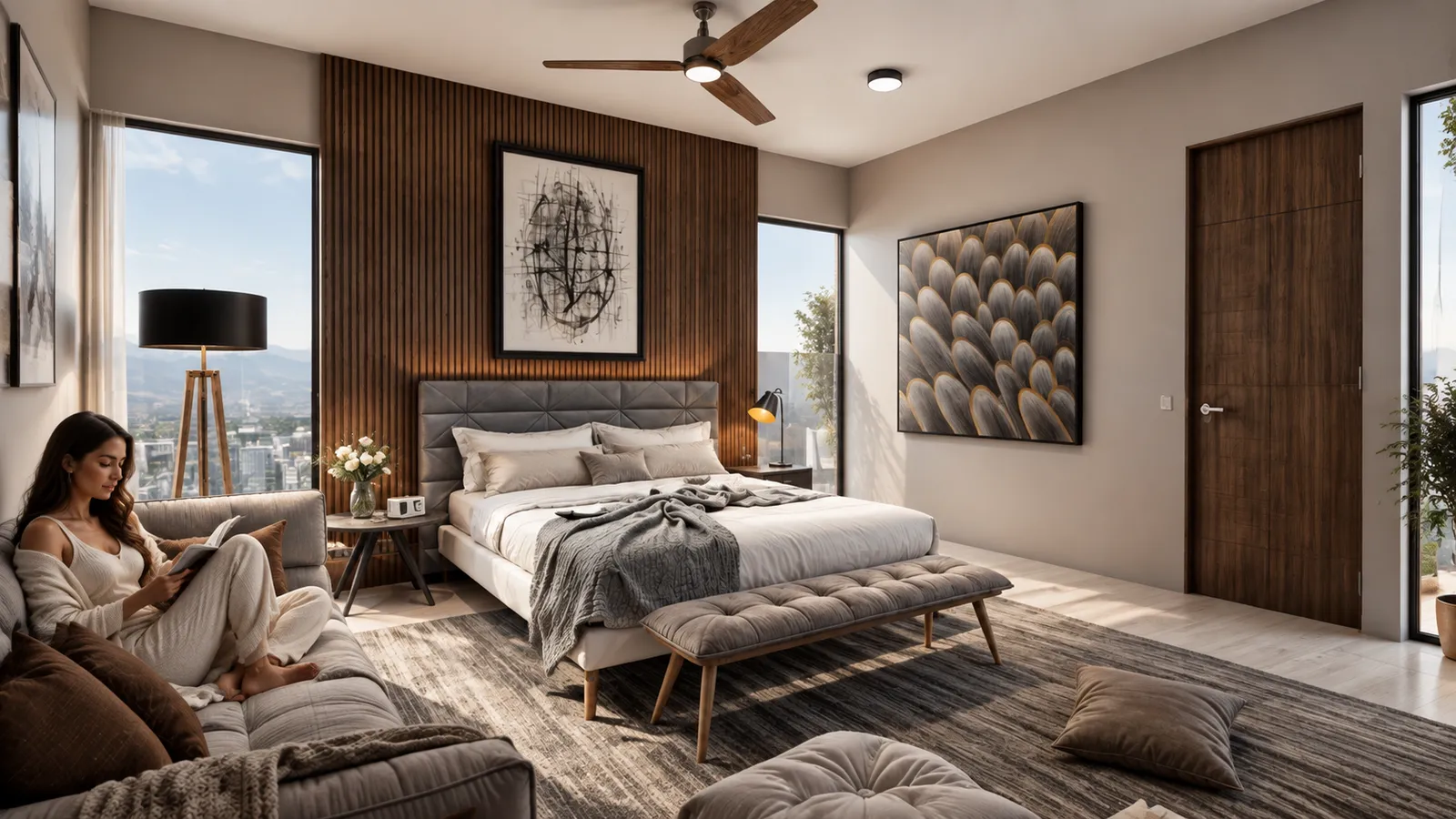 Dormitorio moderno con muro de listones de madera, arte abstracto enmarcado, ventilador de techo y vistas panorámicas a la ciudad.