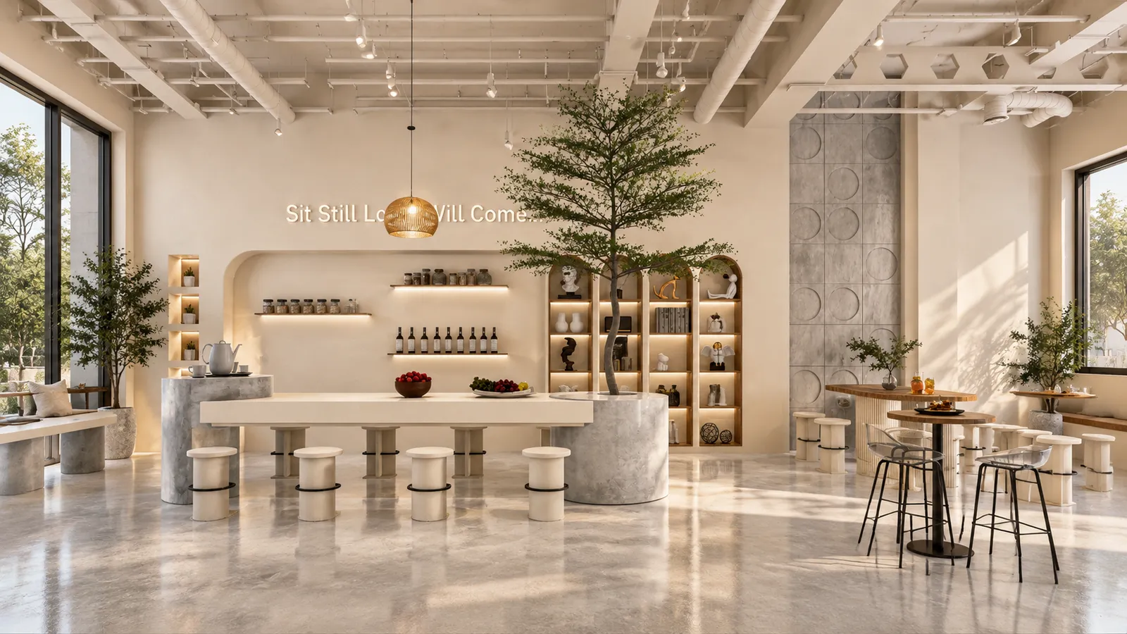 Vista amplia de cafetería moderna con mesa comunal, banca tapizada junto a ventanales, estantería arqueada y árbol central.