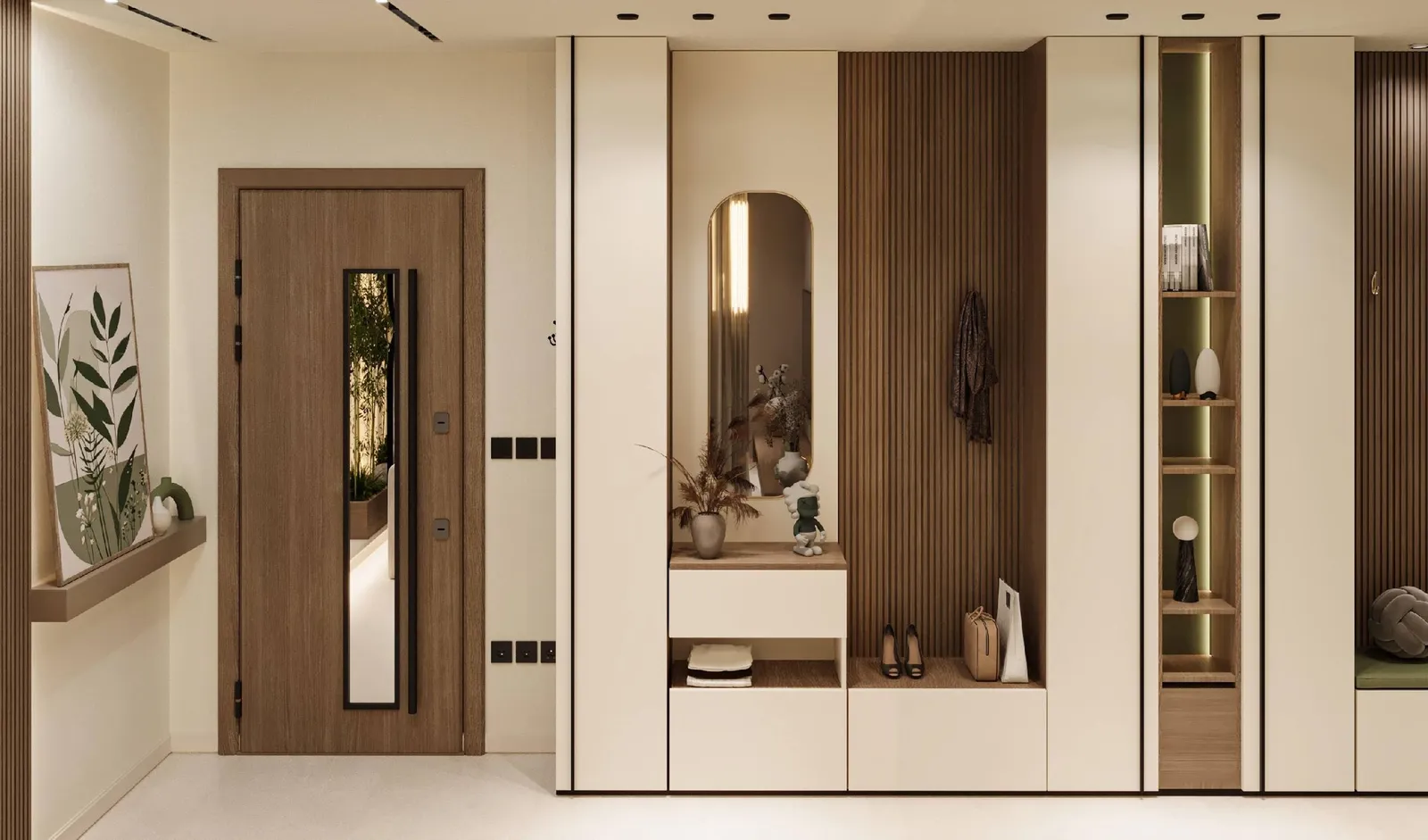 Pasillo moderno con puerta de madera, espejo iluminado y muebles empotrados en tonos neutros y naturales.