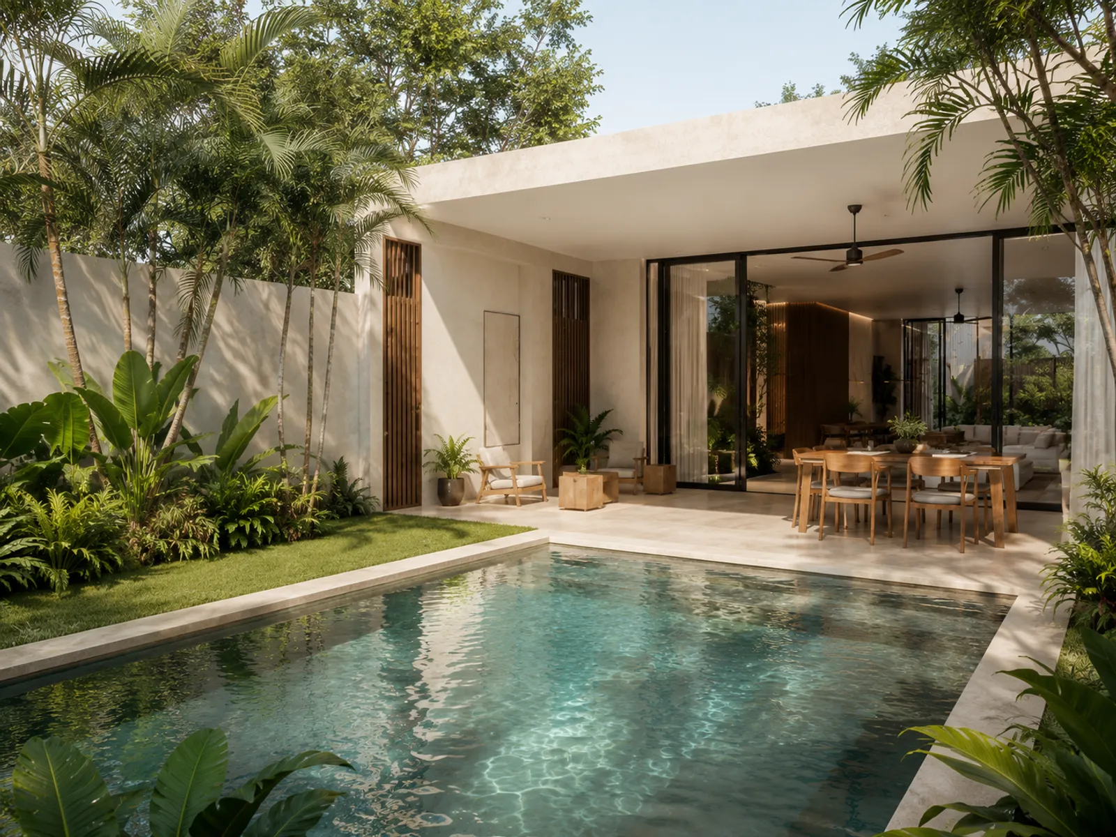 Casa moderna con piscina, terraza de madera y jardín tropical rodeado de vegetación exuberante.