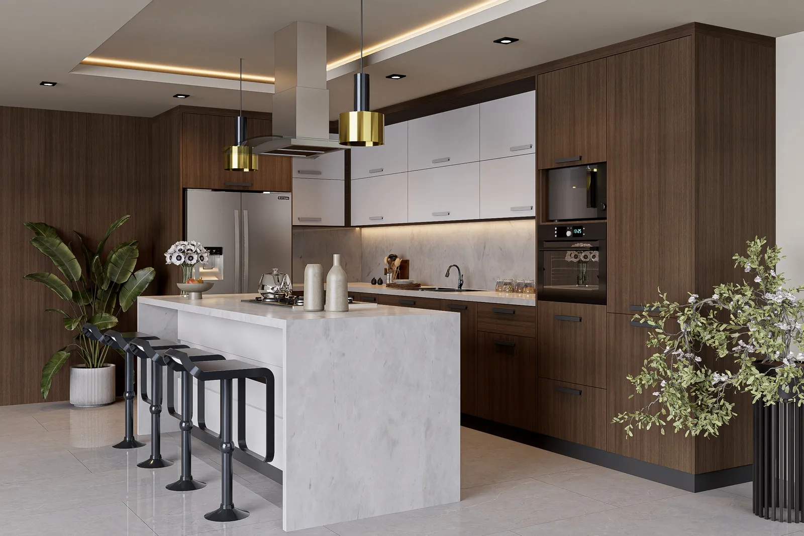 Cocina moderna con isla central de mármol blanco, gabinetes de madera oscura, electrodomésticos integrados y taburetes negros.