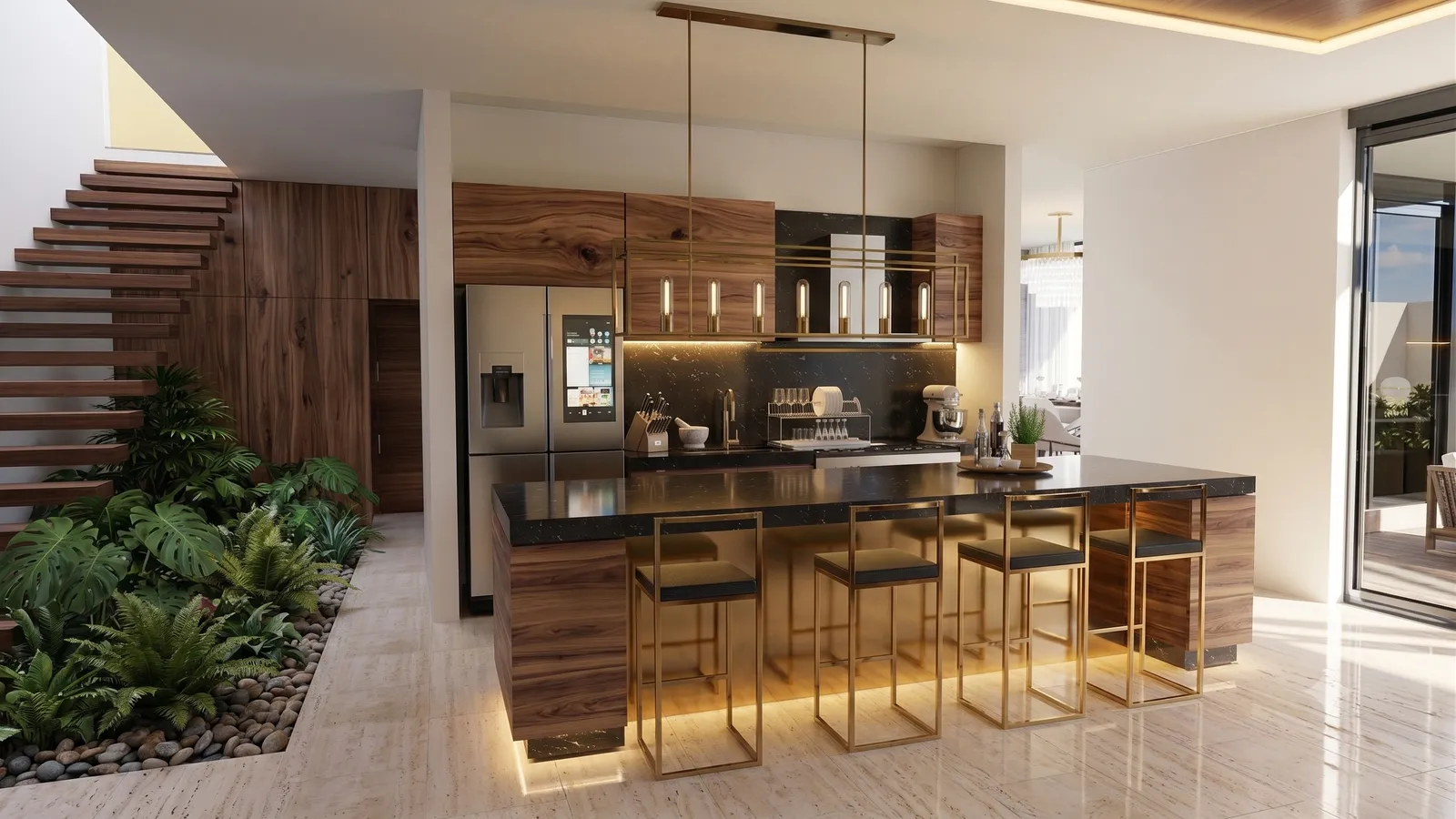 Cocina moderna con isla central, muebles de madera, encimera negra, taburetes de metal y plantas verdes en primer plano.