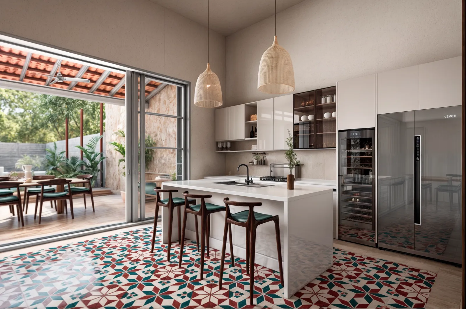 Cocina moderna con isla central, muebles blancos, electrodomésticos empotrados y piso de azulejos coloridos, conectada a un comedor y terraza.