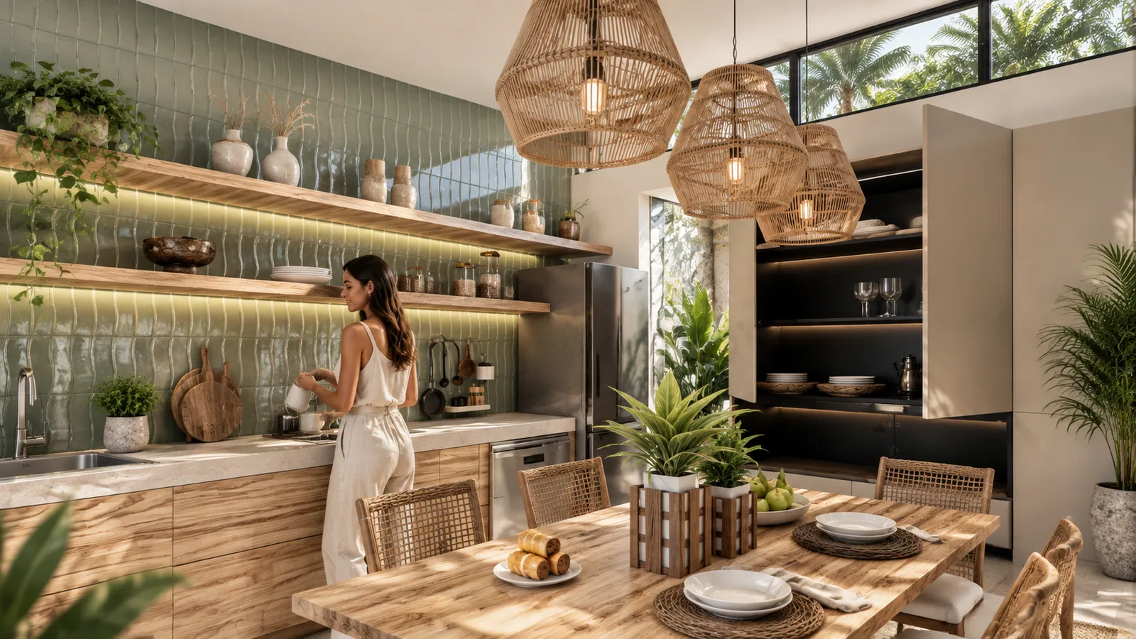 Cocina moderna con azulejo verde salvia texturizado, lámparas colgantes de mimbre, muebles de madera clara y mesa de comedor integrada.
