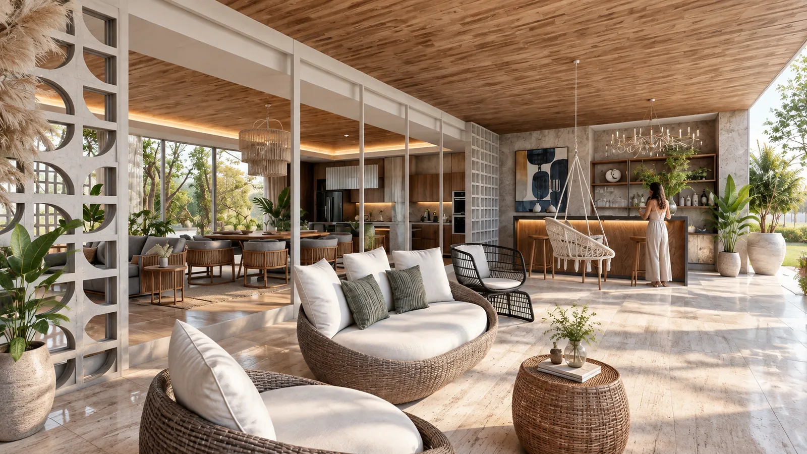 Espacio integrado de sala, comedor y bar con techo de madera, celosía decorativa de concreto, lámpara colgante de mimbre y mujer en la barra.