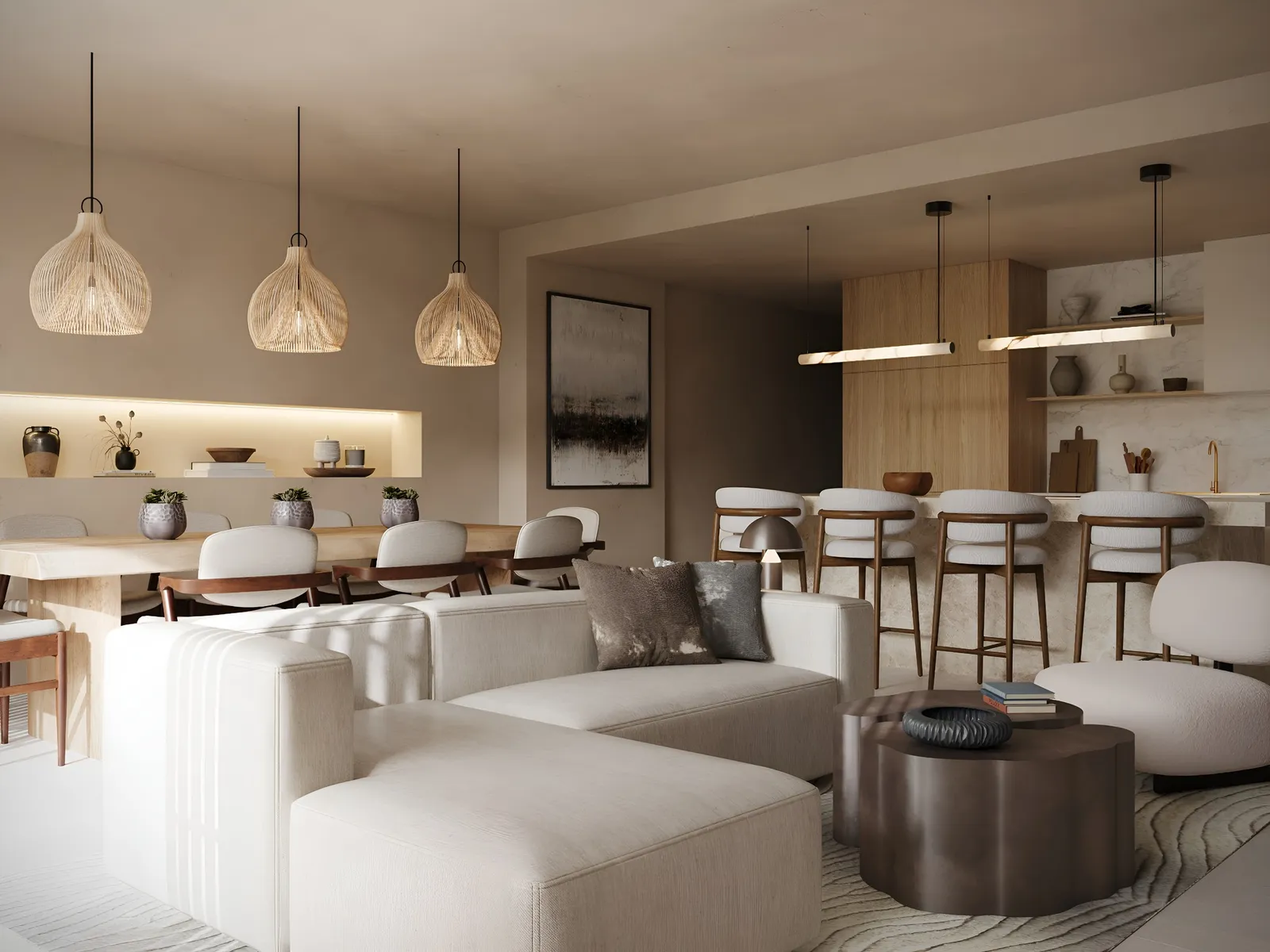 Sala de estar y comedor modernos conectados con sofás beige, lámparas colgantes de madera, muebles de madera clara y una cocina al fondo.