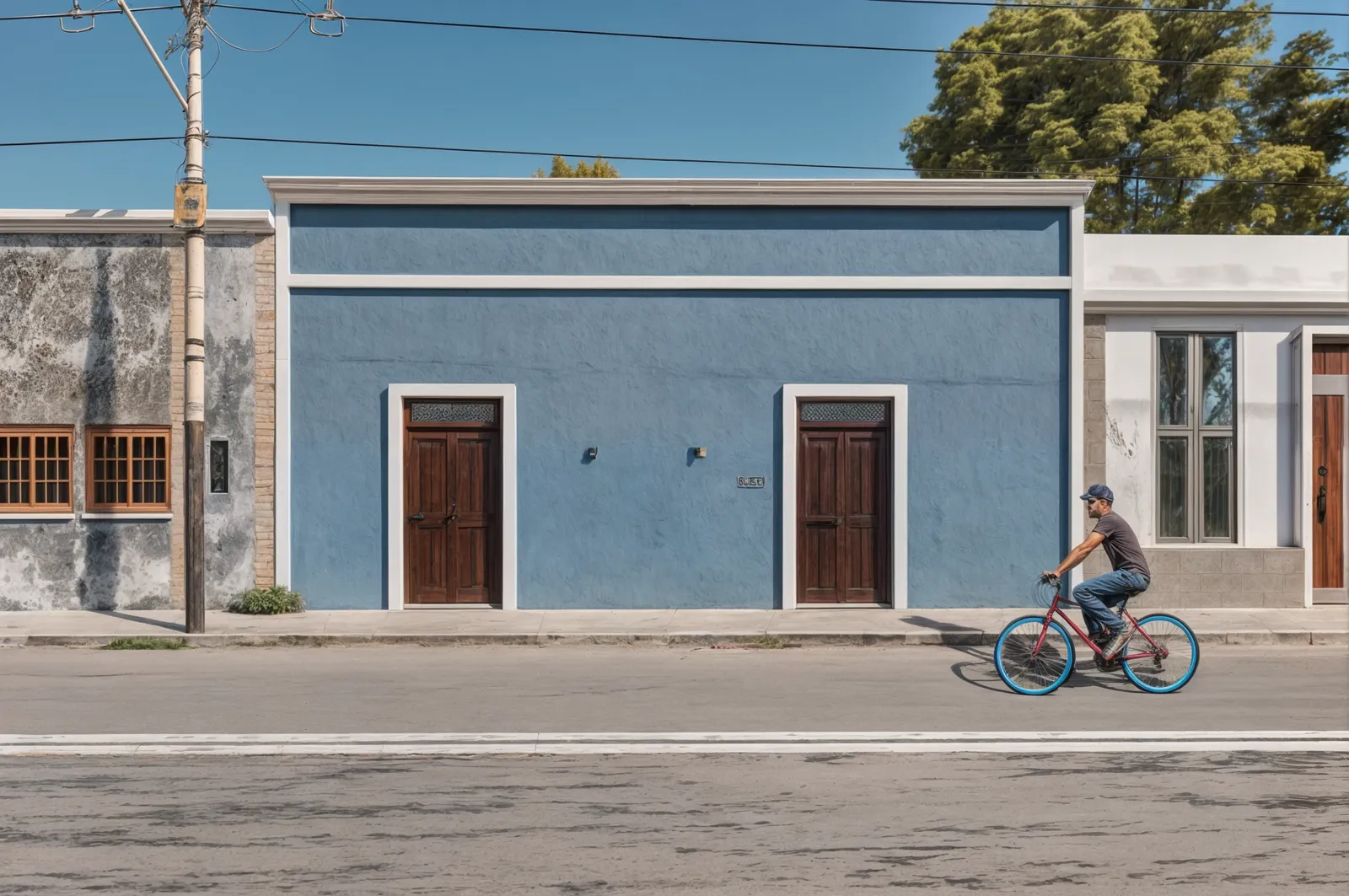 Persona en bicicleta roja pasa frente a una casa azul con dos puertas de madera en una calle tranquila.