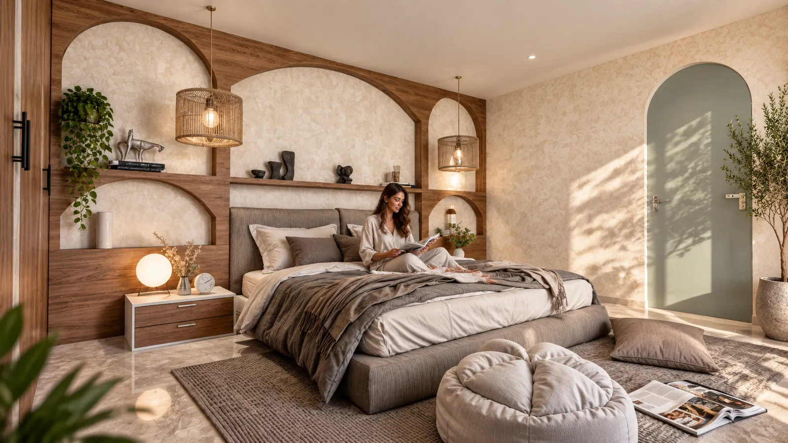 Dormitorio moderno con repisas arqueadas de madera, cabecera tapizada, lámparas de mimbre colgantes y puerta verde con acceso a jardín.