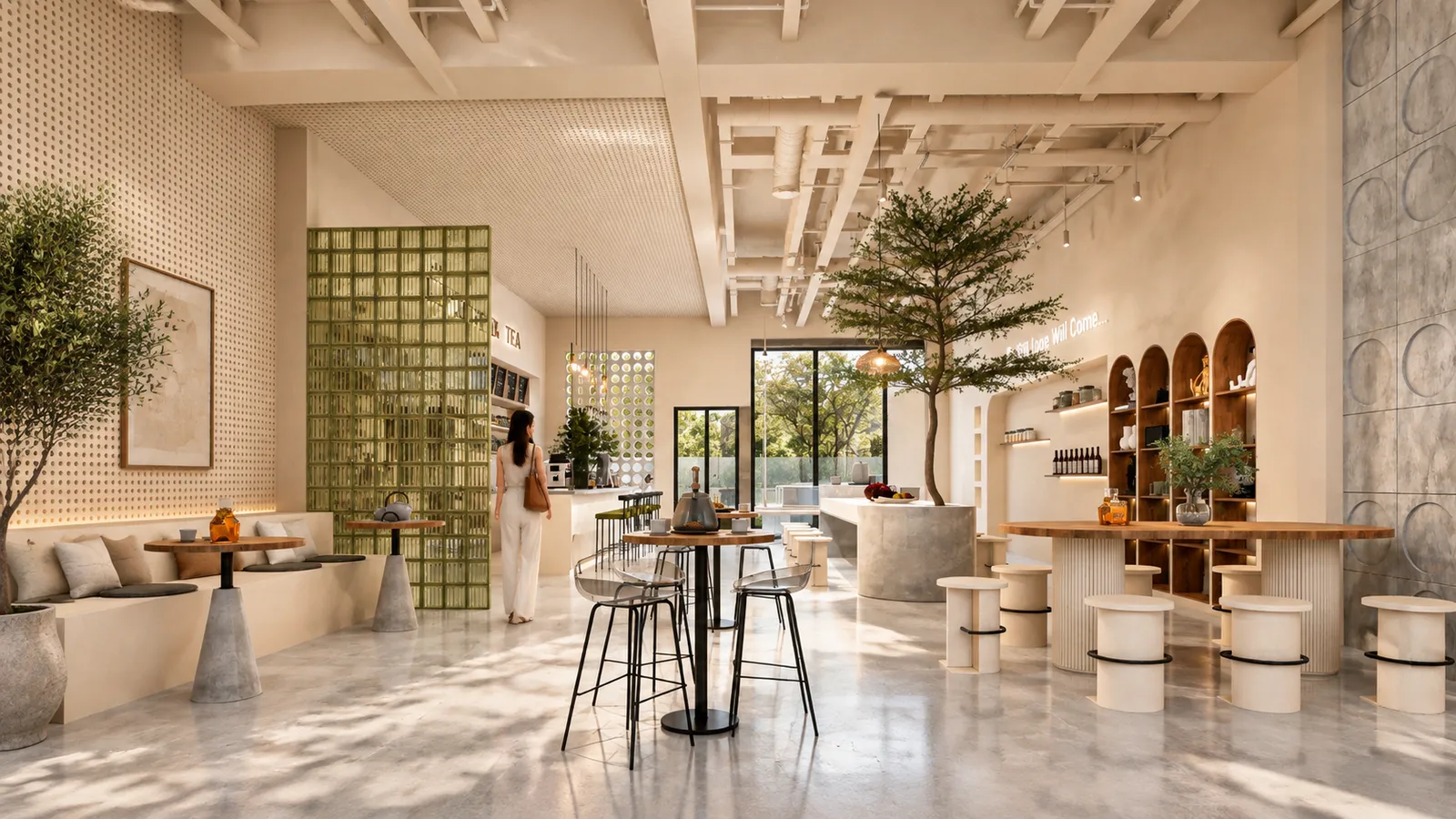 Interior de cafetería moderna con cuadro botánico enmarcado, mampara de vidrio verde, mesas altas y persona caminando hacia la barra.
