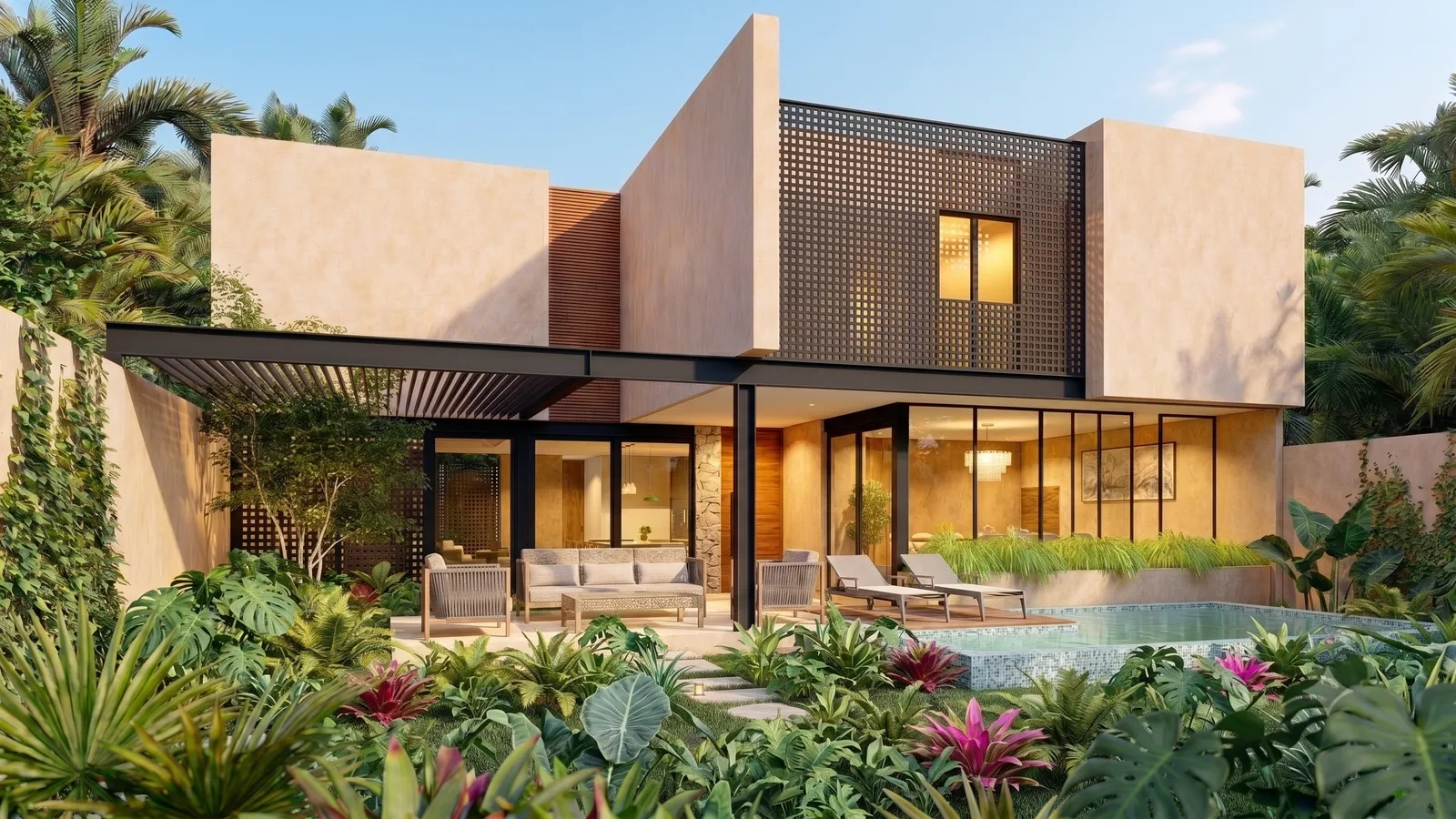 Casa moderna de dos pisos con fachada de piedra clara, pérgola negra, ventanas de vidrio amplias y jardín tropical con piscina.