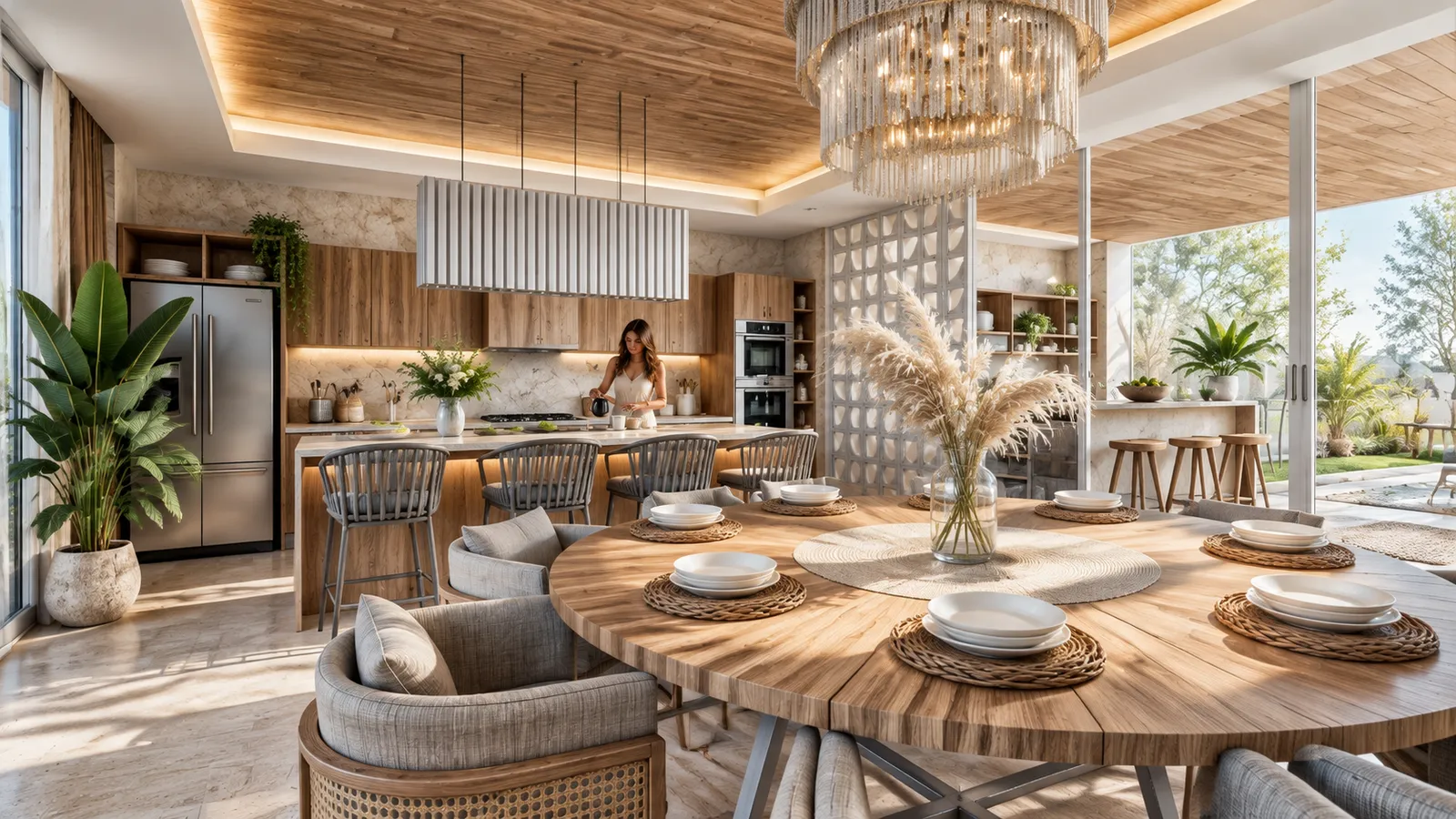 Cocina y comedor modernos con lámpara de flecos colgante, mesa redonda con centro de pampas y mujer cocinando en la isla.