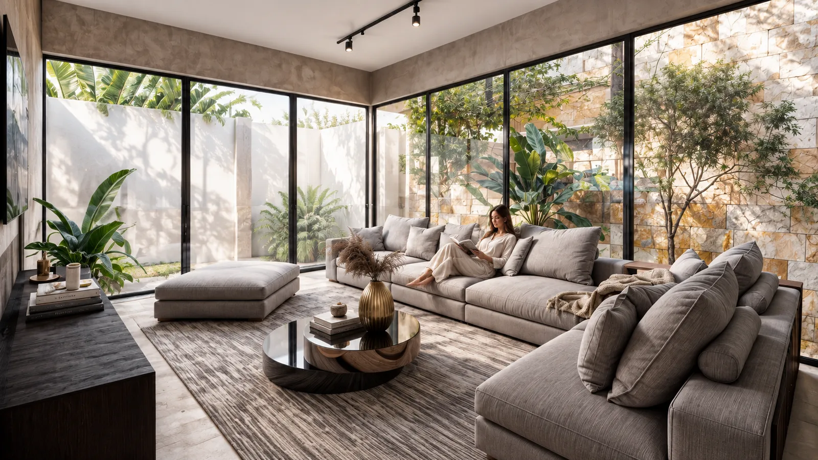Sala de estar moderna con ventanales de piso a techo hacia un patio ajardinado, sofás grises y muro de piedra natural.