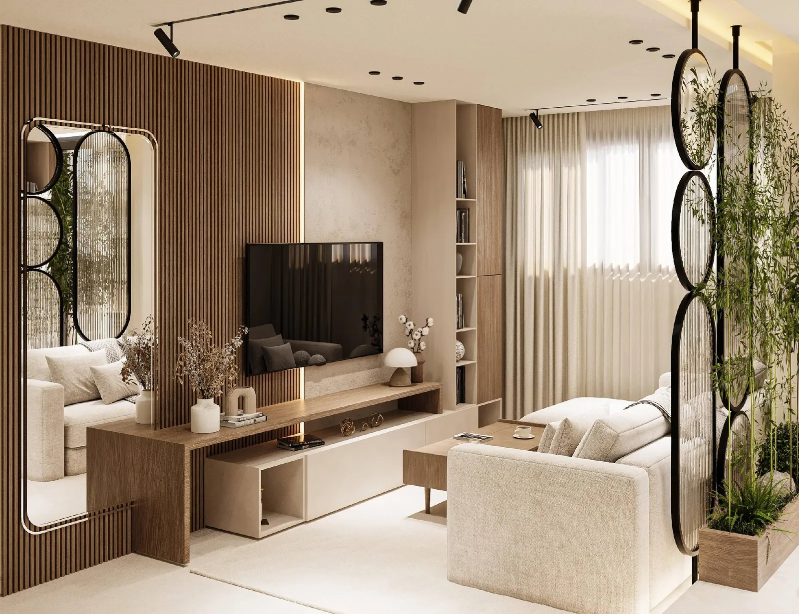 Sala de estar moderna con sofás beige, televisor de pantalla plana, decoración de plantas en macetas colgantes y paneles de madera verticales.