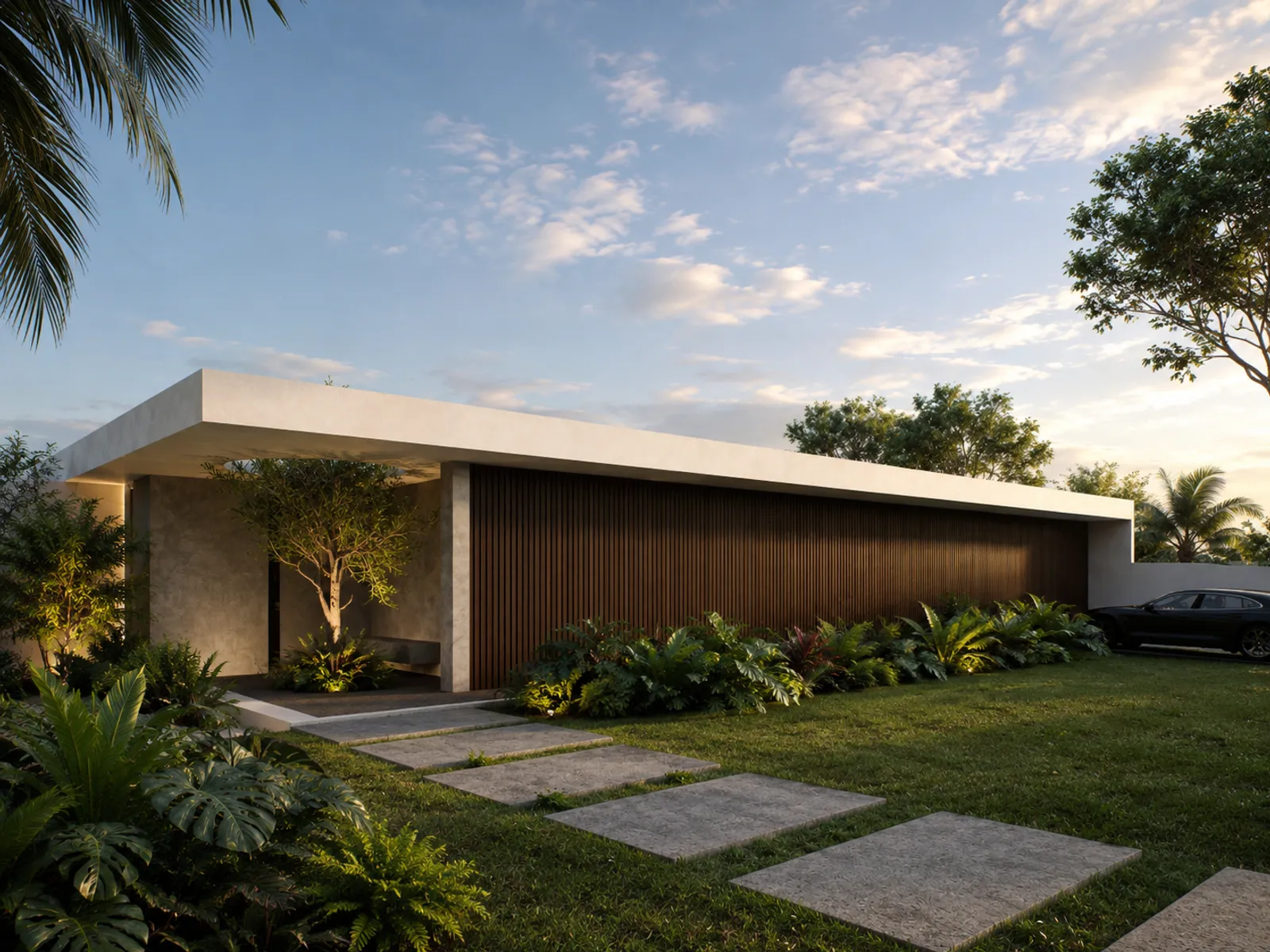 Casa moderna de un piso con techos altos, fachada de hormigón y revestimiento de madera, rodeada de vegetación tropical y un camino de losas de hormigón.