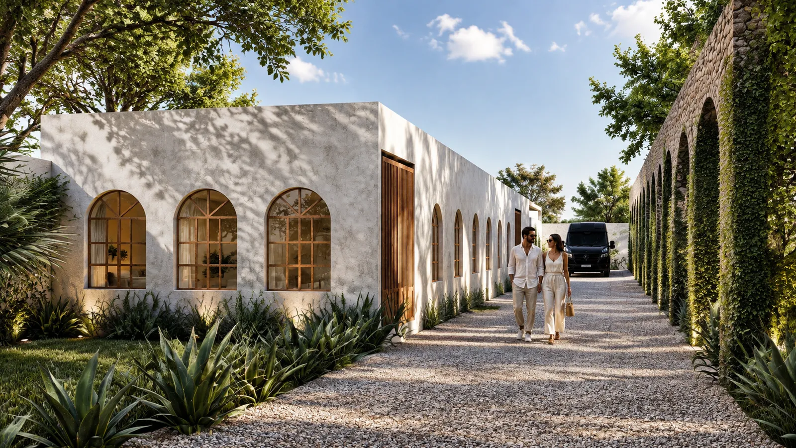 Fachada de casita de huéspedes con ventanas arqueadas de madera, camino de grava, muro de piedra cubierto de enredaderas y vehículo de traslado.