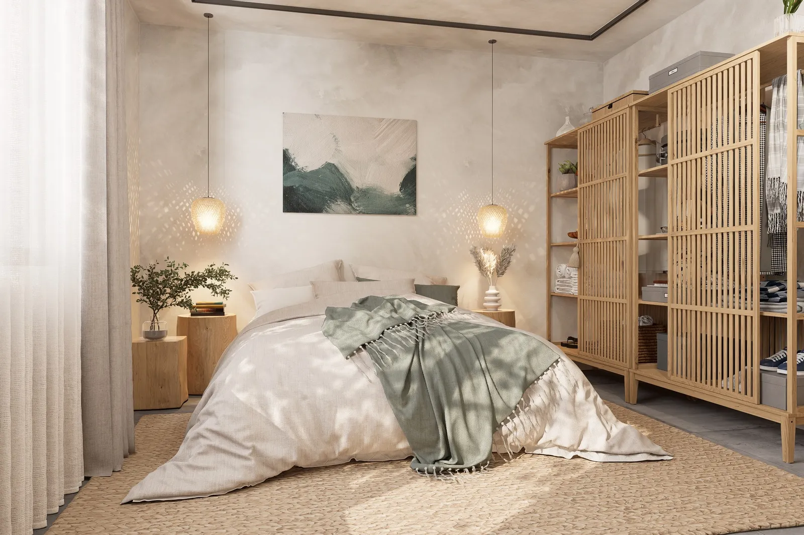 Dormitorio moderno con cama de lino blanco, armarios de madera con puertas de listones, lámparas colgantes y cuadro de montaña en la pared.