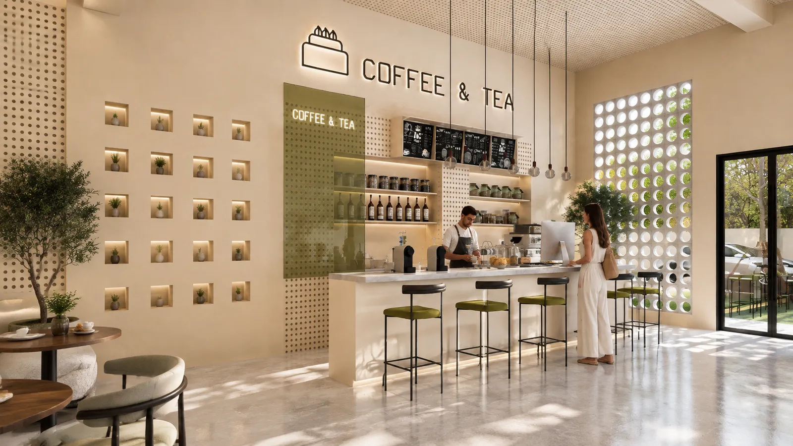 Barra de café moderna con barista atendiendo a una clienta, estanterías iluminadas con botellas y vista al exterior con vehículos estacionados.