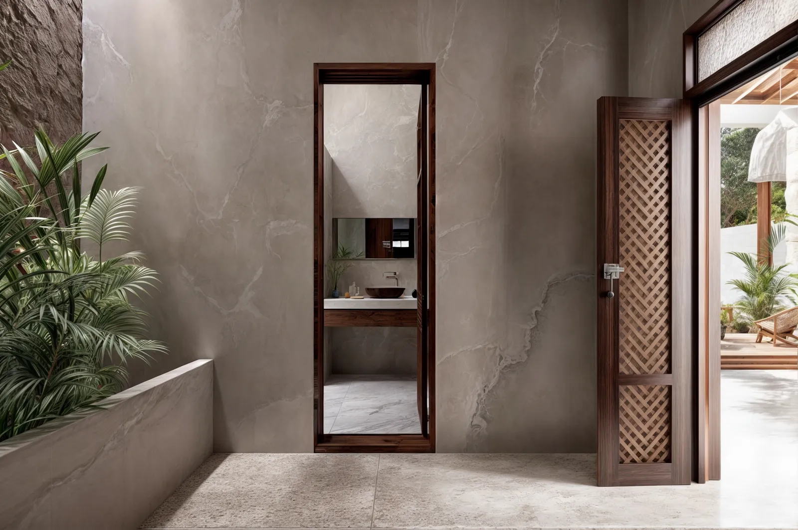 Entrada moderna con puerta de espejo y marco de madera oscura que refleja un lavabo minimalista.