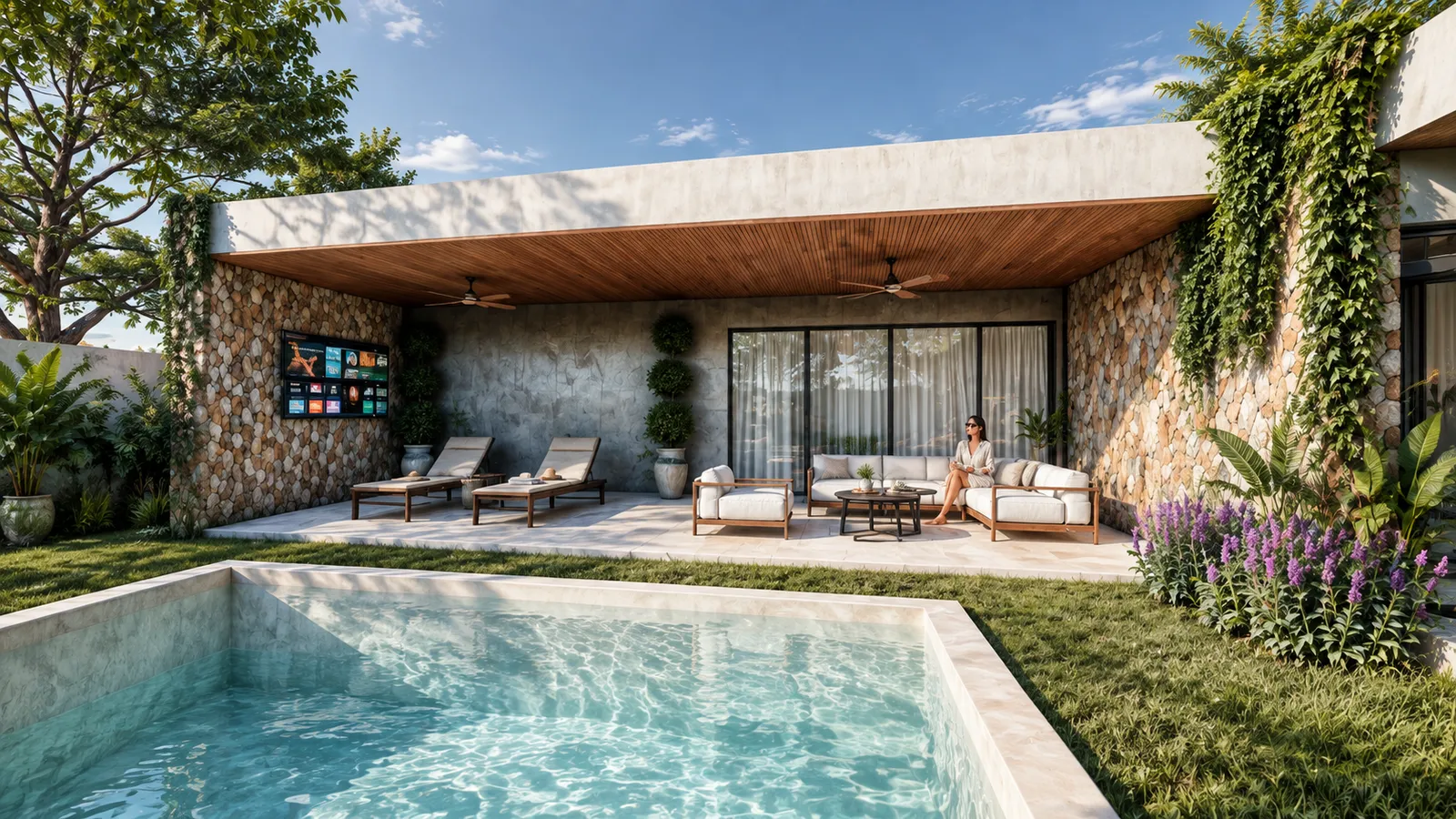 Terraza cubierta con piscina, muros de piedra, techo de madera, televisor exterior y camastros junto al agua.