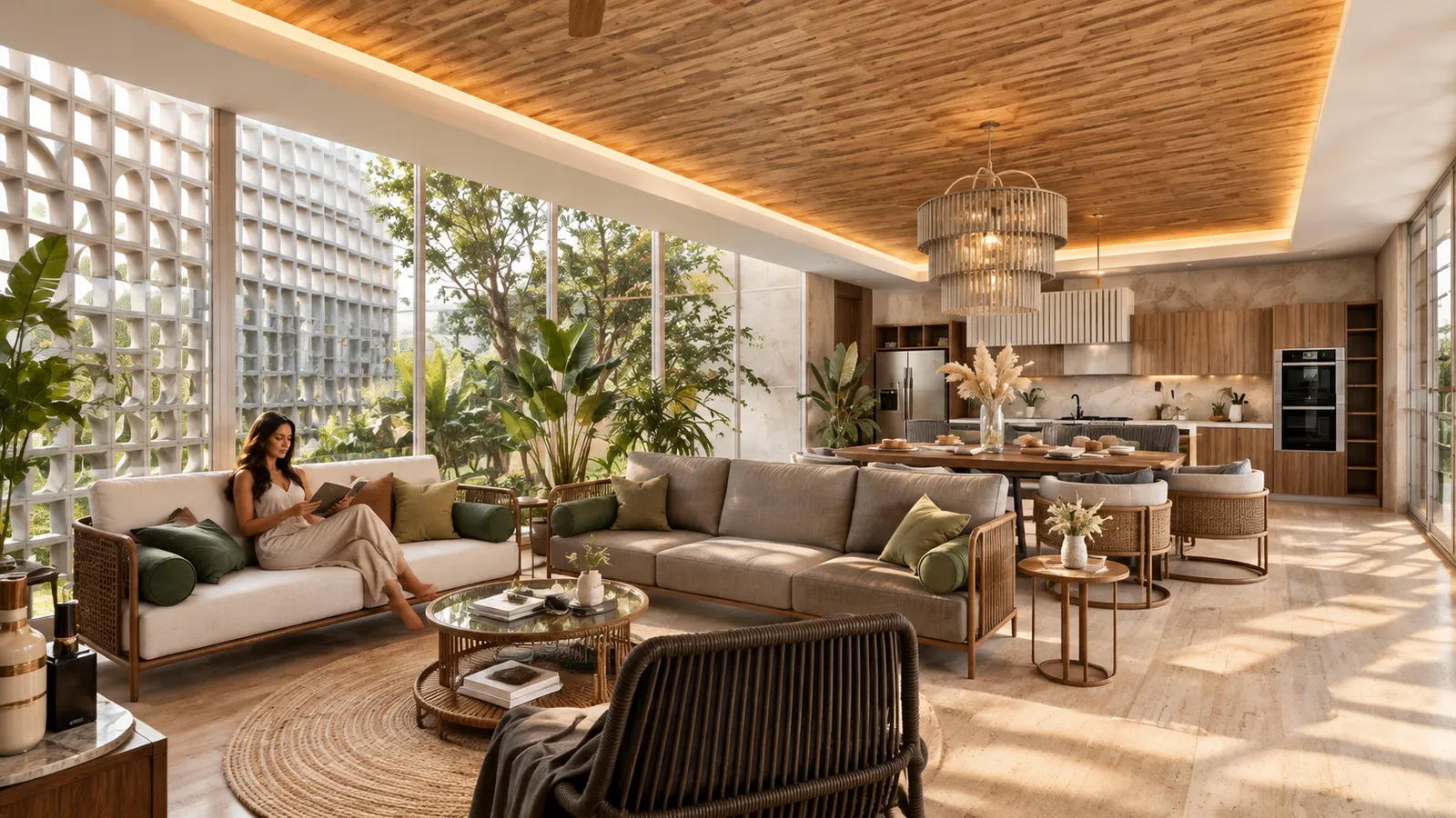 Sala de estar moderna con muro perforado de concreto en patrón circular, sofás en tonos neutros y mujer leyendo con vista al jardín.