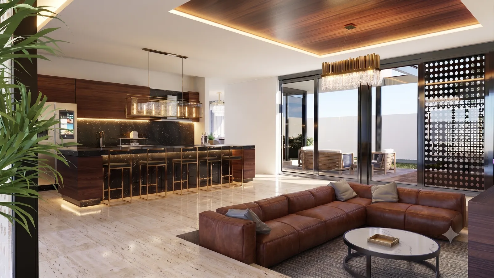 Sala de estar moderna y lujosa con sofá de cuero marrón, cocina integrada con isla, techo de madera y acceso a terraza.
