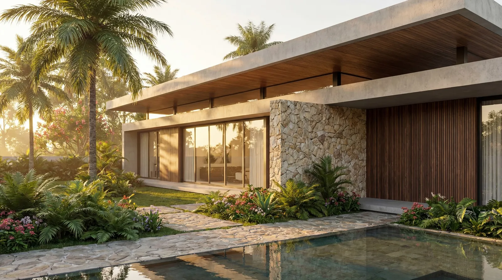 Casa moderna de un piso con amplios ventanales de vidrio, muros de piedra y concreto, rodeada de palmeras y plantas tropicales, con una piscina en primer plano.