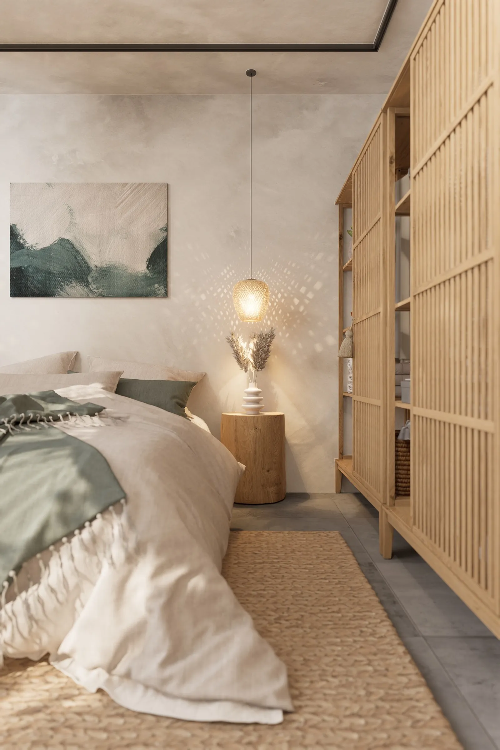 Dormitorio moderno con cama, lámpara colgante sobre mesita de madera y armario de madera con puertas acanaladas.