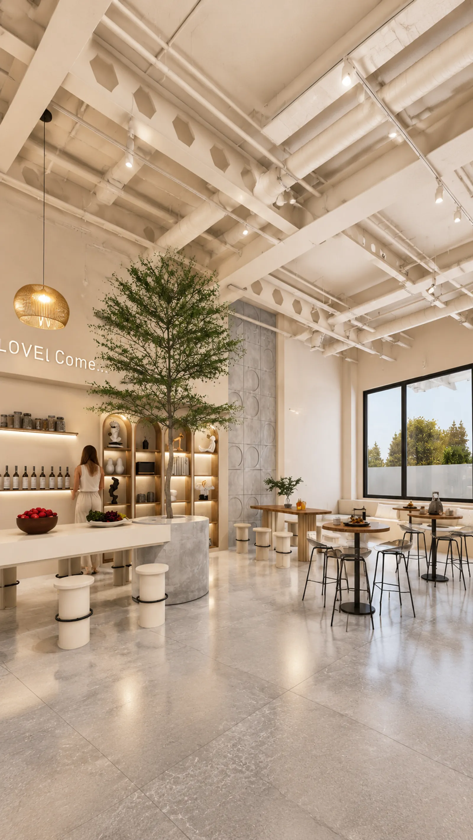 Vista vertical de cafetería moderna con mesa comunal blanca, taburetes redondos, árbol interior y mesas altas junto a la ventana.