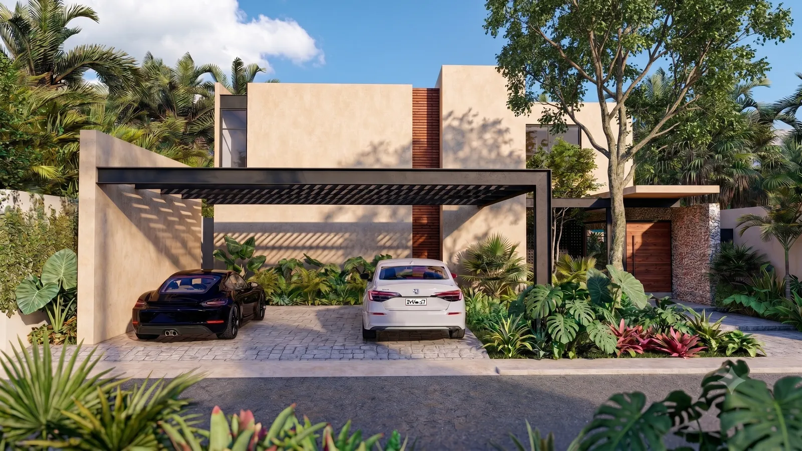 Fachada moderna de una casa con estacionamiento cubierto para dos automóviles y jardín tropical.