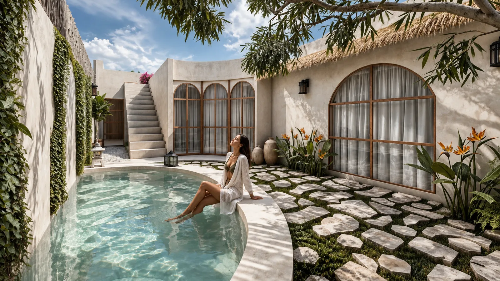 Patio con piscina curva de piedra, mujer sentada en el borde, ventanales arqueados de madera y jardín tropical con palapa.