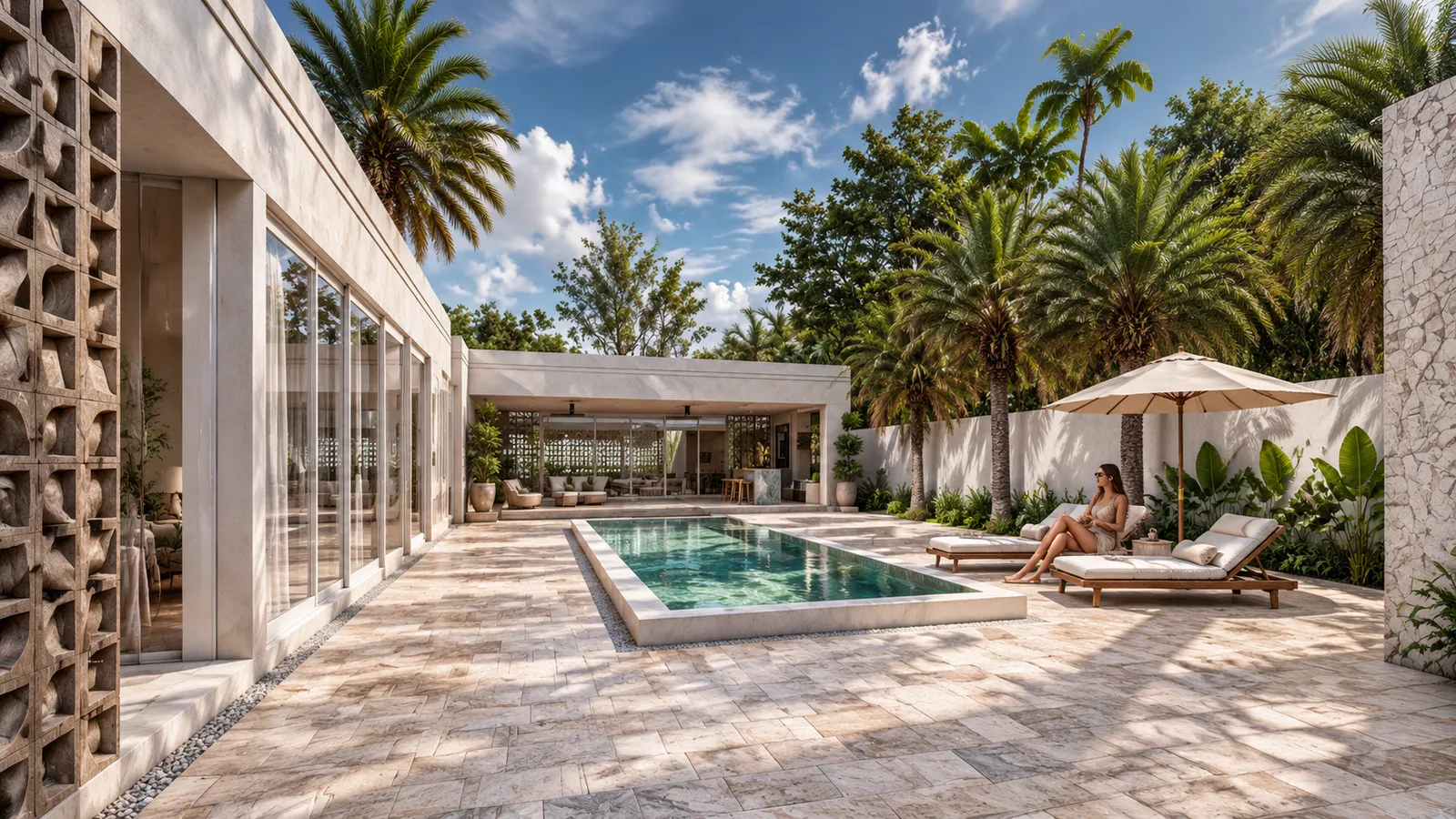 Terraza con piscina rectangular, camastros bajo sombrilla, columna decorativa perforada de concreto y palmeras alrededor.
