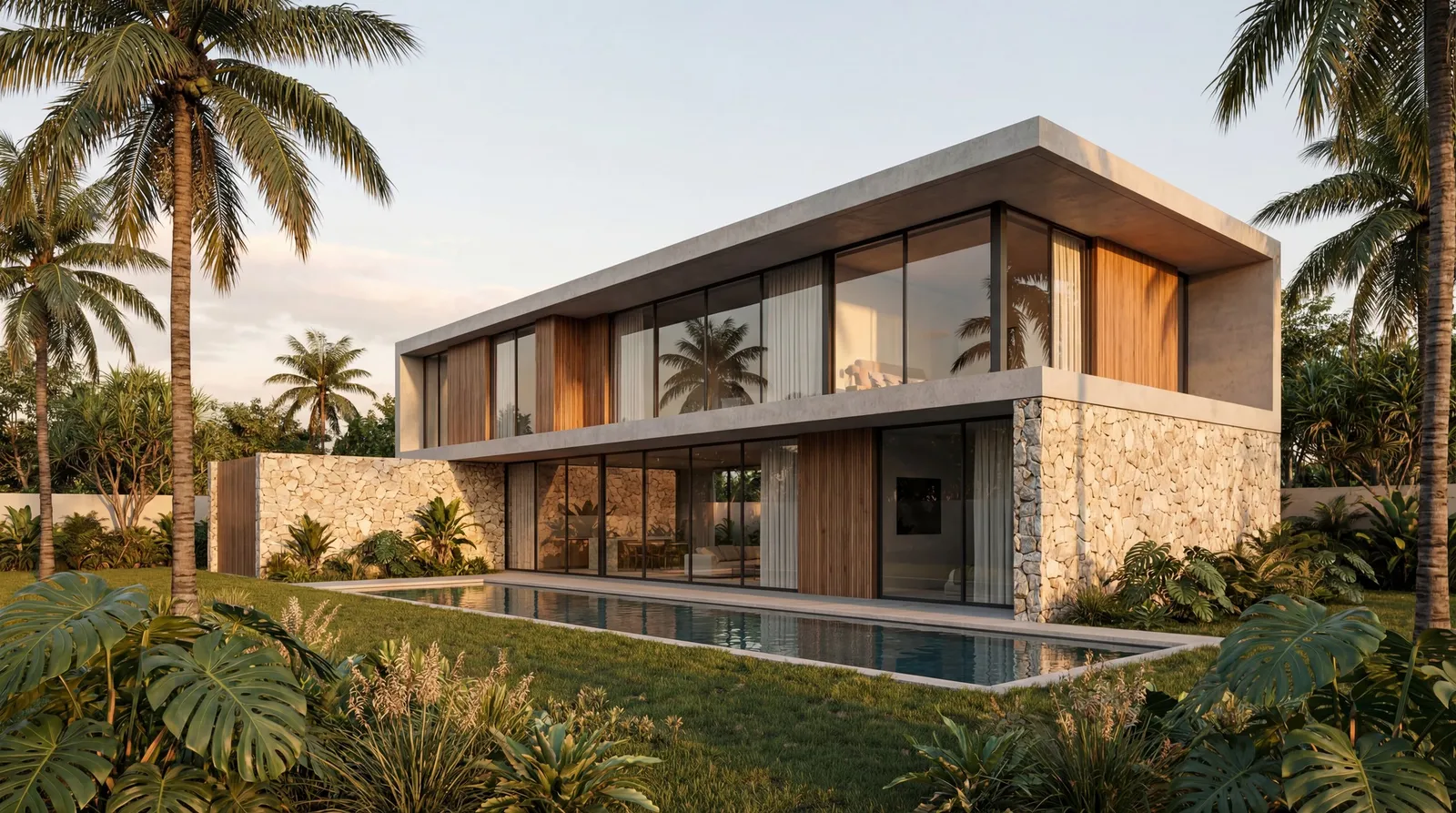Casa moderna de dos pisos con muros de piedra, grandes ventanales y piscina rodeada de palmeras y vegetación tropical.