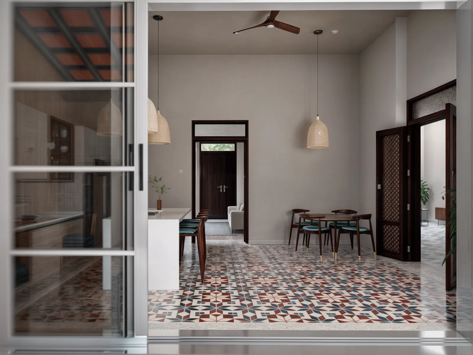 Espacioso interior contemporáneo con piso geométrico, muebles de madera oscura, lámparas colgantes y puertas de vidrio hacia una terraza.