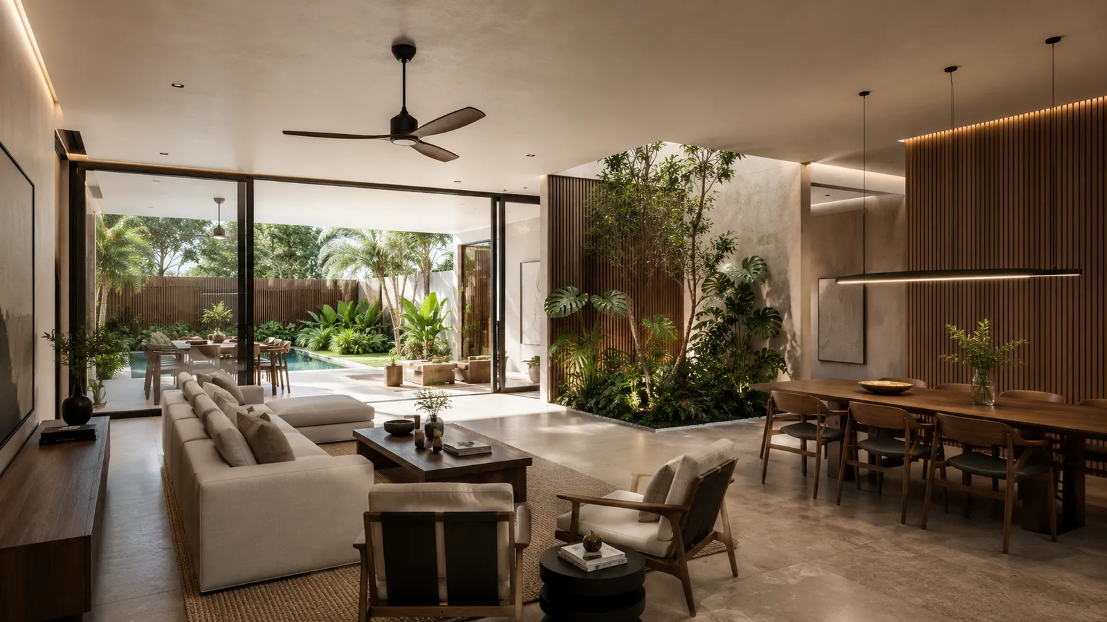 Interior moderno de vivienda abierta con sala de estar, comedor y jardín interior integrado, rodeado de plantas tropicales y vistas hacia terraza exterior.
