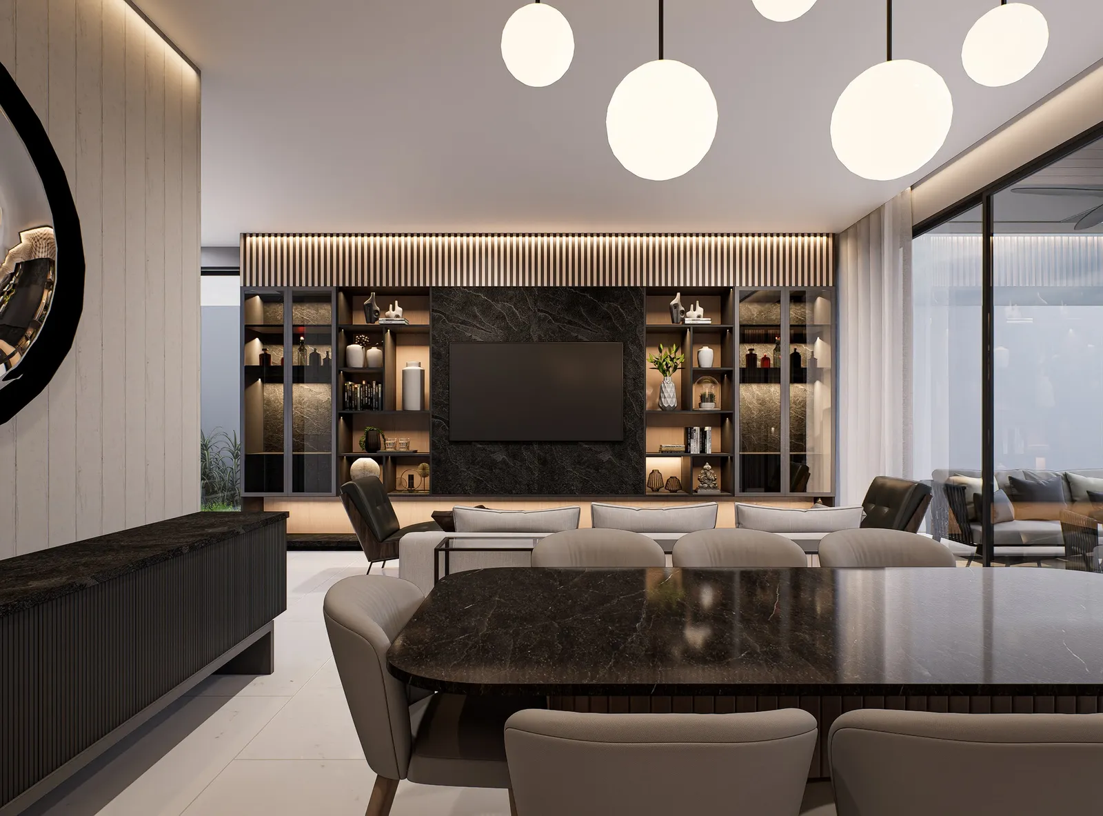 Espacioso salón moderno con mesa de mármol negro, sofá beige, pantalla de televisión empotrada y estanterías iluminadas.